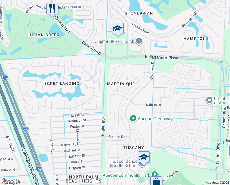 map of restaurants, bars, coffee shops, grocery stores, and more near 1829 Dakota Drive in Jupiter