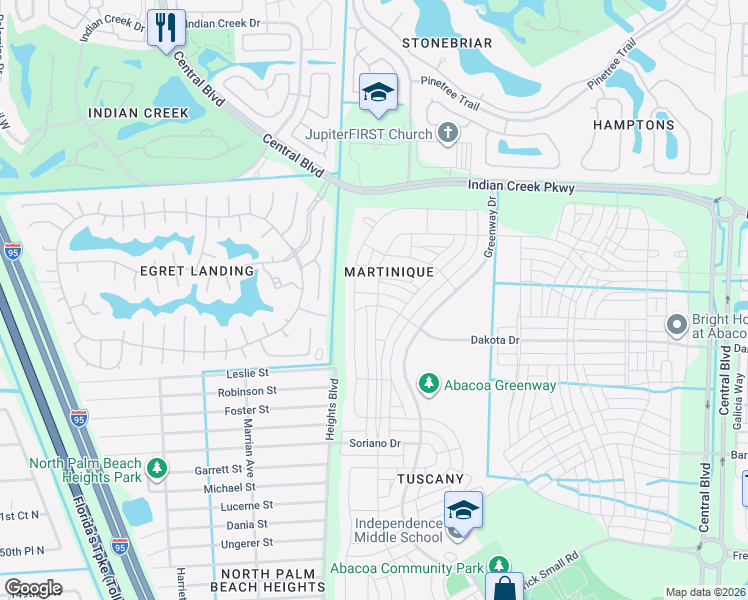 map of restaurants, bars, coffee shops, grocery stores, and more near 1825 Dakota Drive in Jupiter