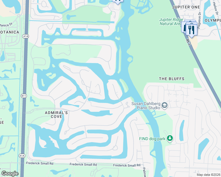 map of restaurants, bars, coffee shops, grocery stores, and more near 228 Commodore Drive in Jupiter
