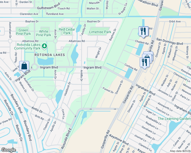 map of restaurants, bars, coffee shops, grocery stores, and more near 133 Smallwood Road in Rotonda West