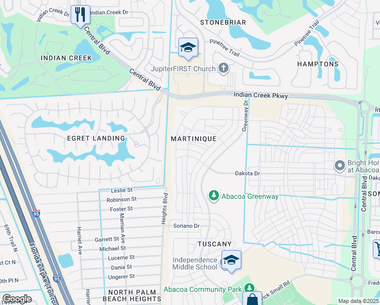 map of restaurants, bars, coffee shops, grocery stores, and more near 1821 Dakota Drive in Jupiter