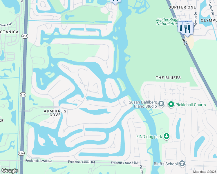 map of restaurants, bars, coffee shops, grocery stores, and more near 228 Commodore Drive in Jupiter