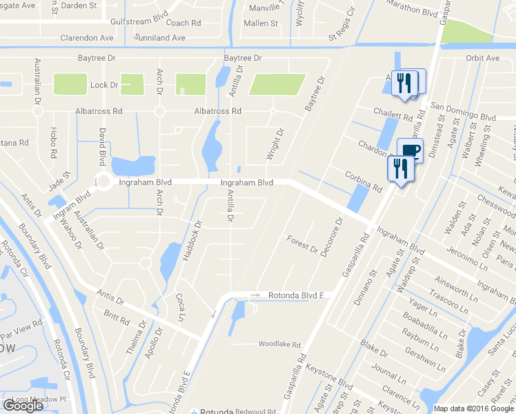 map of restaurants, bars, coffee shops, grocery stores, and more near 133 Smallwood Road in Rotonda West