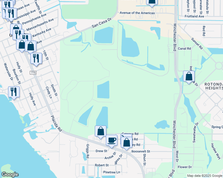 map of restaurants, bars, coffee shops, grocery stores, and more near 4255 Placida Road in Englewood
