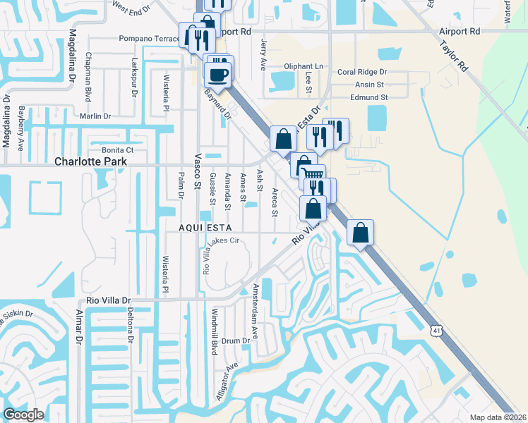 map of restaurants, bars, coffee shops, grocery stores, and more near 3501 Ash Street in Punta Gorda