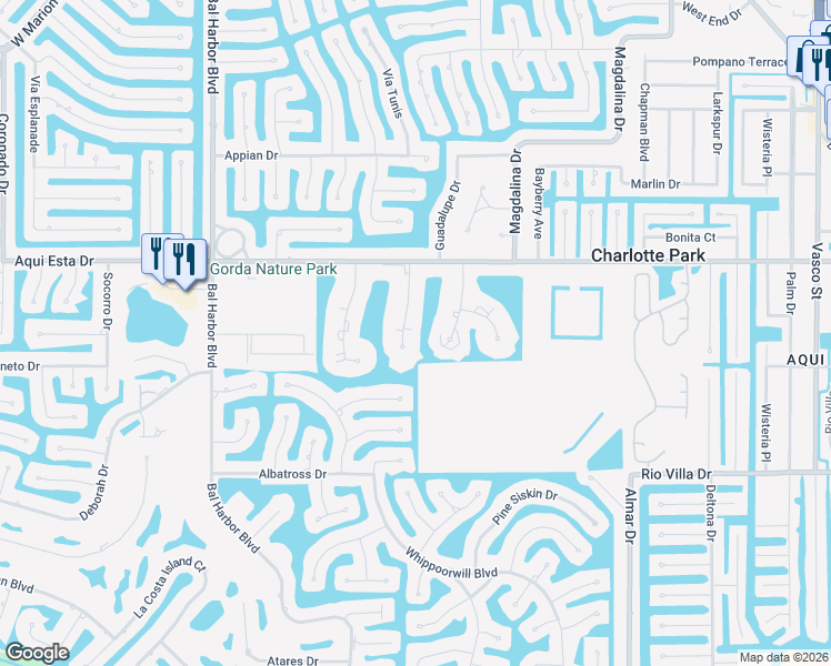 map of restaurants, bars, coffee shops, grocery stores, and more near 3329 Woodthrush Drive in Punta Gorda