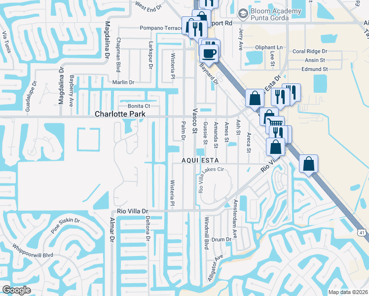 map of restaurants, bars, coffee shops, grocery stores, and more near 3511 Palm Drive in Punta Gorda