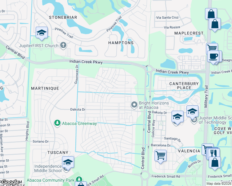 map of restaurants, bars, coffee shops, grocery stores, and more near 1131 North Prescott Drive in Jupiter
