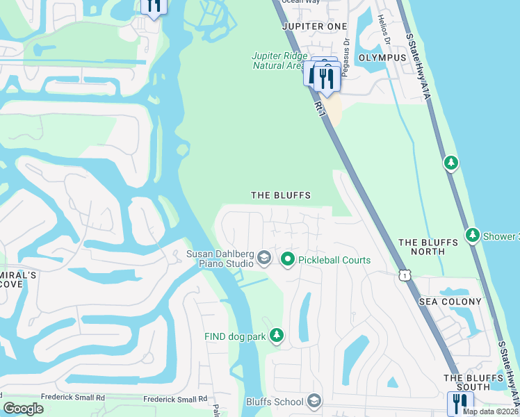 map of restaurants, bars, coffee shops, grocery stores, and more near 408 River Edge Road in Jupiter