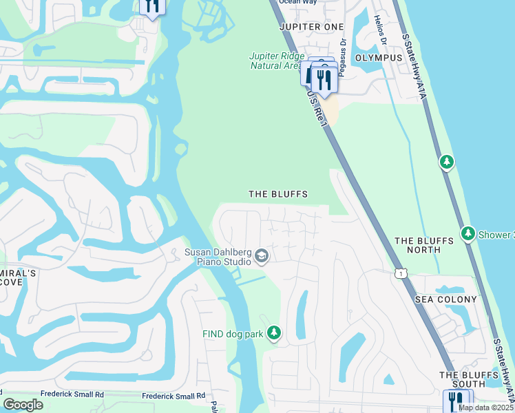 map of restaurants, bars, coffee shops, grocery stores, and more near 408 River Edge Road in Jupiter