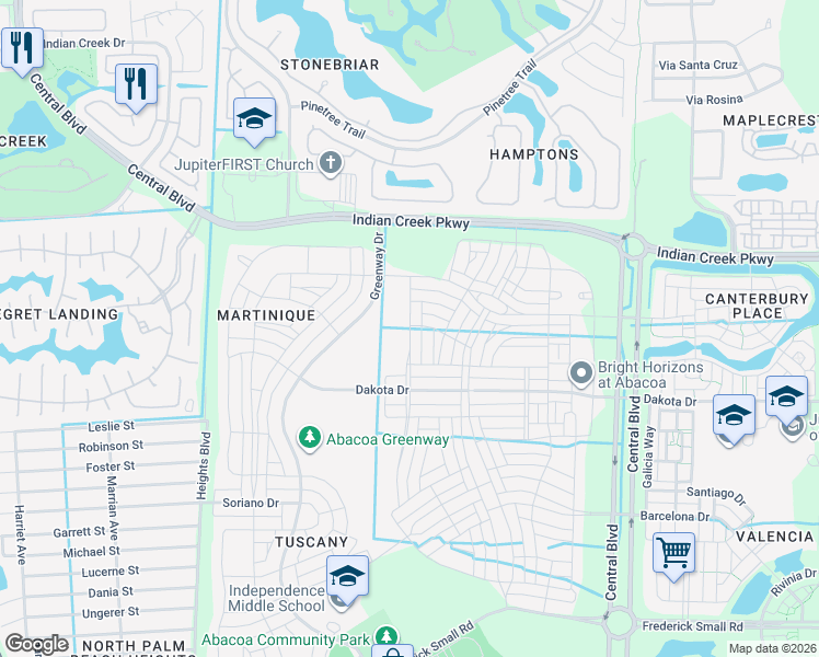 map of restaurants, bars, coffee shops, grocery stores, and more near 2748 Wymberly Drive in Jupiter
