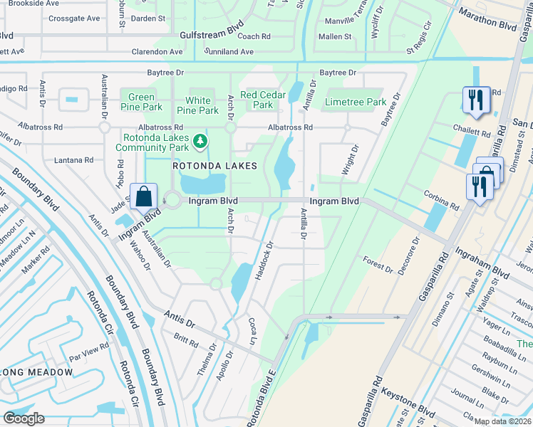 map of restaurants, bars, coffee shops, grocery stores, and more near 120 Redwood Road in Rotonda West