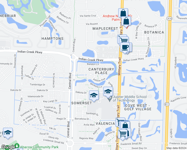 map of restaurants, bars, coffee shops, grocery stores, and more near 112 Tullamore Avenue in Jupiter