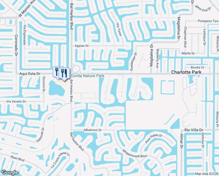 map of restaurants, bars, coffee shops, grocery stores, and more near 3228 Purple Martin Drive in Punta Gorda