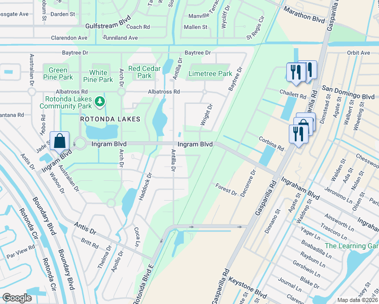 map of restaurants, bars, coffee shops, grocery stores, and more near 189 Ingraham Boulevard in Rotonda West