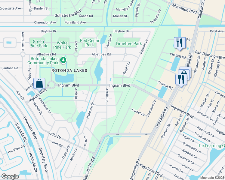 map of restaurants, bars, coffee shops, grocery stores, and more near 173 Ingraham Boulevard in Rotonda West