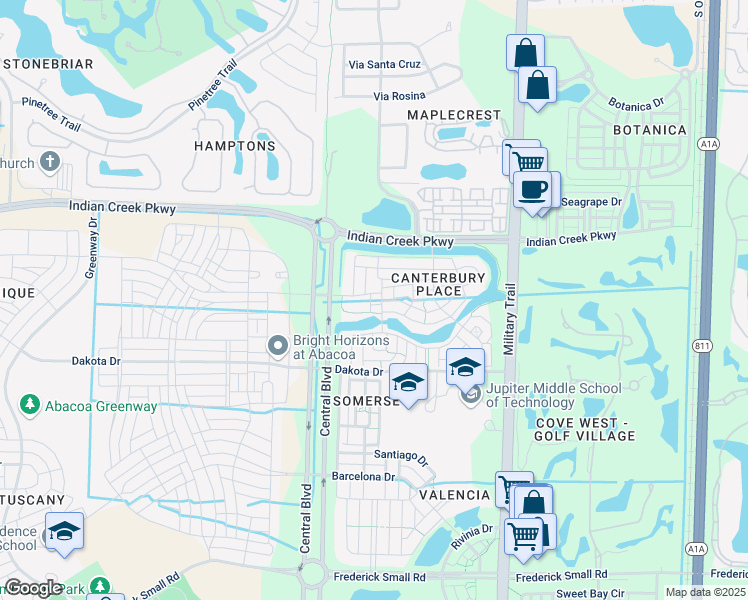map of restaurants, bars, coffee shops, grocery stores, and more near 150 Killarney Court in Jupiter