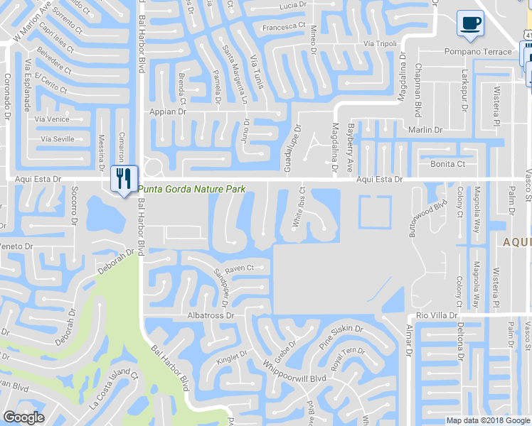 map of restaurants, bars, coffee shops, grocery stores, and more near Wood Thrush Drive in Punta Gorda