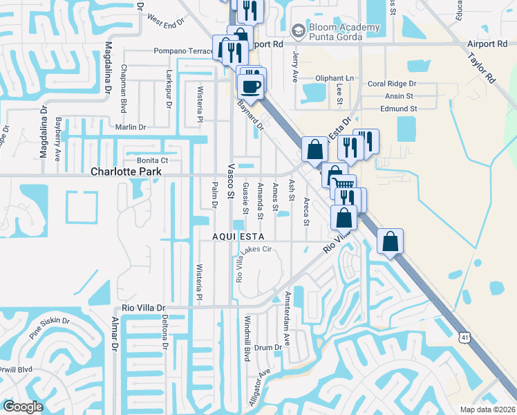 map of restaurants, bars, coffee shops, grocery stores, and more near 3331 Amanda Street in Punta Gorda