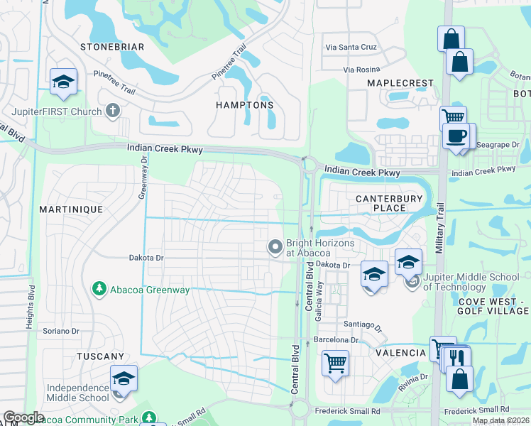 map of restaurants, bars, coffee shops, grocery stores, and more near 1056 Community Drive in Jupiter