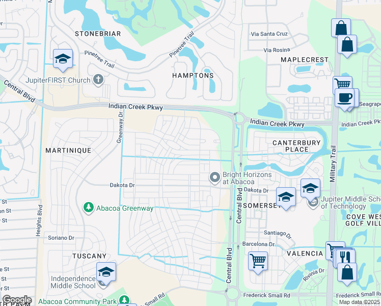 map of restaurants, bars, coffee shops, grocery stores, and more near 1140 Community Drive in Jupiter