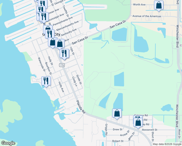 map of restaurants, bars, coffee shops, grocery stores, and more near 3161 10th Street in Englewood