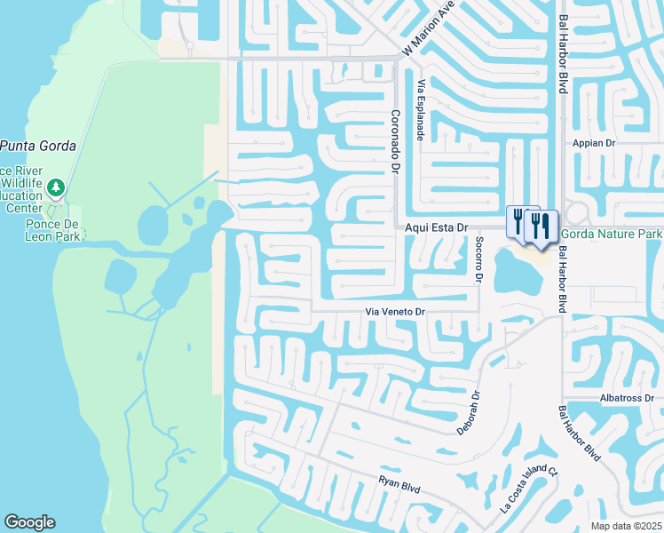 map of restaurants, bars, coffee shops, grocery stores, and more near 2624 Rio Plato Drive in Punta Gorda