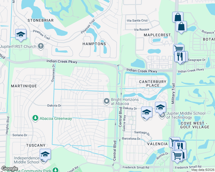 map of restaurants, bars, coffee shops, grocery stores, and more near 1056 Community Drive in Jupiter