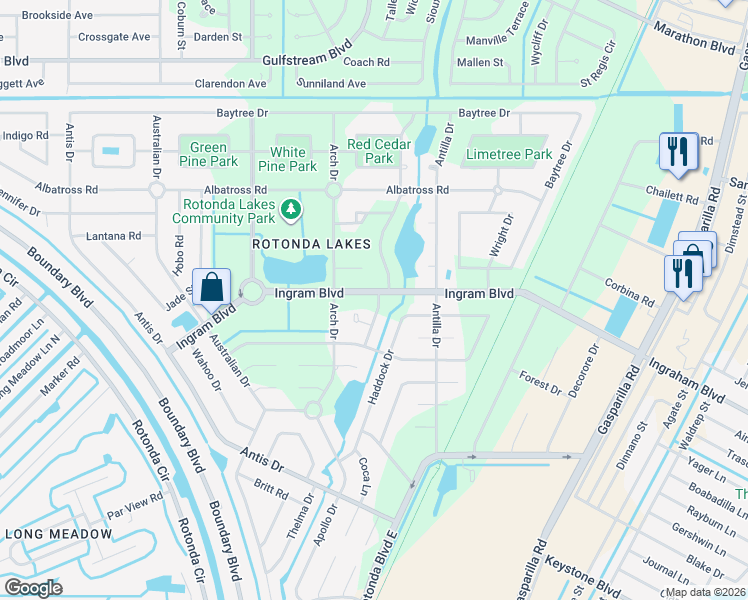 map of restaurants, bars, coffee shops, grocery stores, and more near 120 Redwood Road in Rotonda West