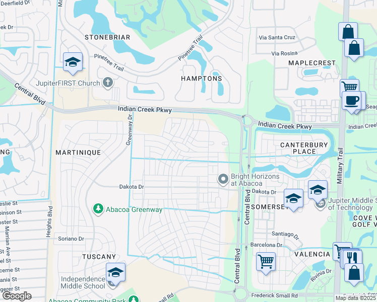 map of restaurants, bars, coffee shops, grocery stores, and more near 1084 Community Drive in Jupiter