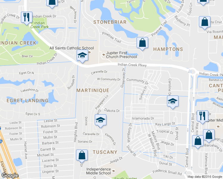 map of restaurants, bars, coffee shops, grocery stores, and more near 2641 East Community Drive in Jupiter