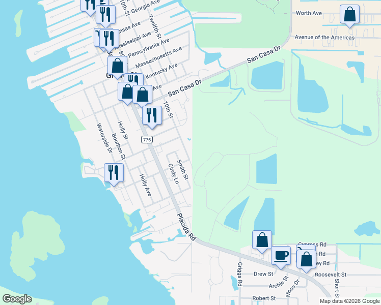 map of restaurants, bars, coffee shops, grocery stores, and more near 3161 10th Street in Englewood
