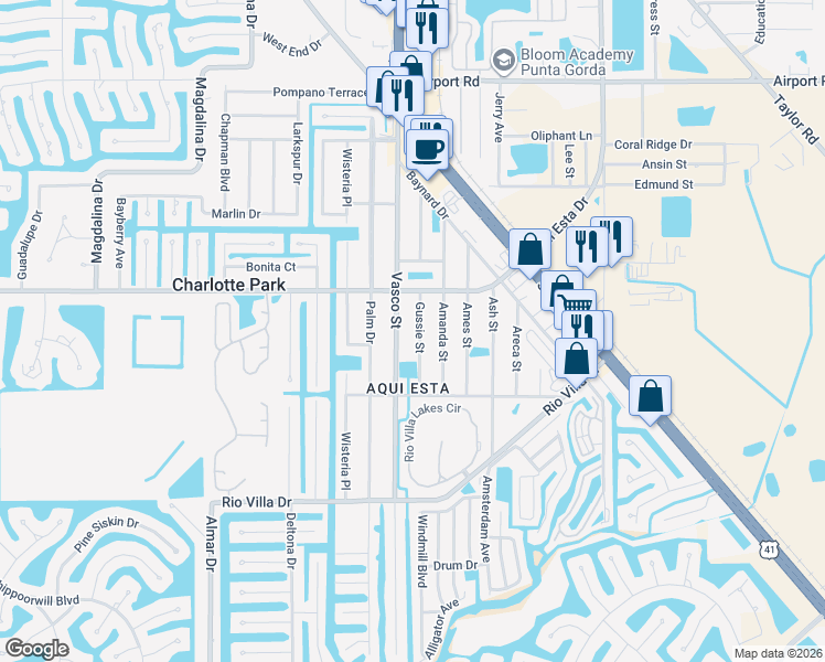 map of restaurants, bars, coffee shops, grocery stores, and more near 3311 Gussie Street in Punta Gorda