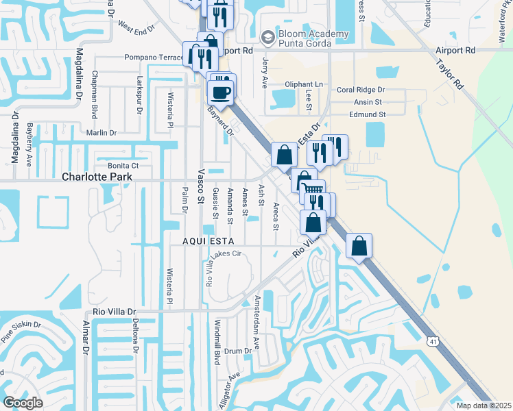 map of restaurants, bars, coffee shops, grocery stores, and more near 3311 Ash Street in Punta Gorda
