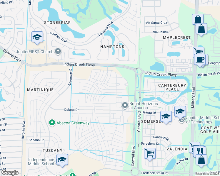 map of restaurants, bars, coffee shops, grocery stores, and more near 1147 Community Drive in Jupiter