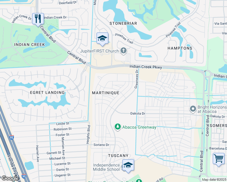 map of restaurants, bars, coffee shops, grocery stores, and more near 108 Saint Pierre Way in Jupiter