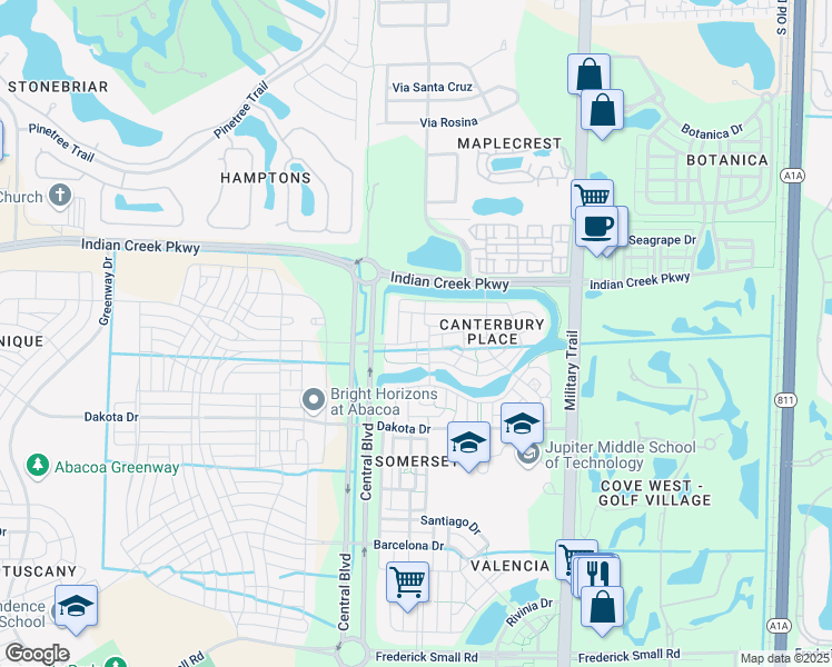 map of restaurants, bars, coffee shops, grocery stores, and more near 150 Killarney Court in Jupiter