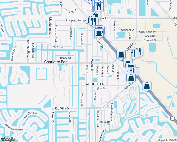 map of restaurants, bars, coffee shops, grocery stores, and more near 3312 Palm Drive in Punta Gorda