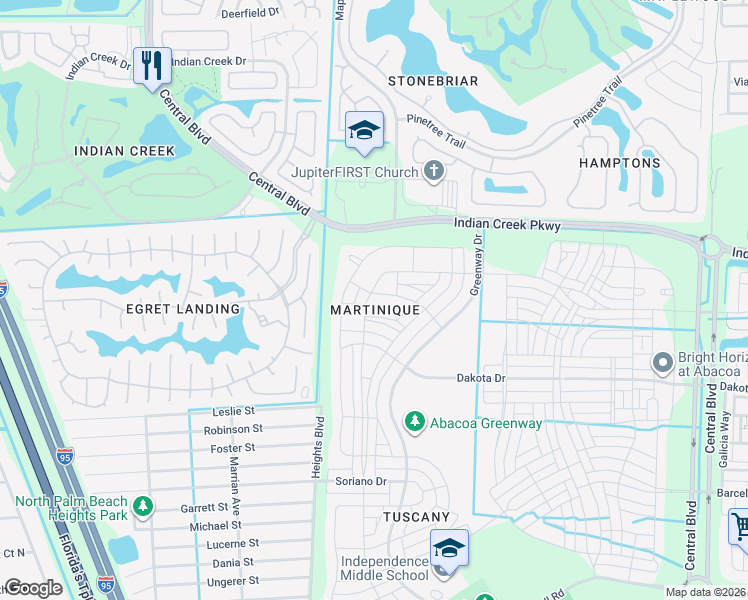 map of restaurants, bars, coffee shops, grocery stores, and more near 140 Saint Pierre Way in Jupiter