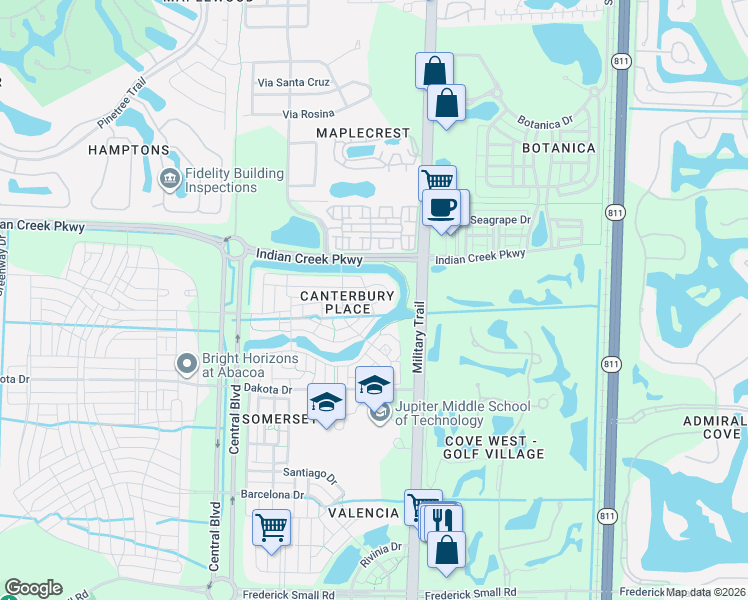 map of restaurants, bars, coffee shops, grocery stores, and more near 112 Glencullen Circle in Jupiter