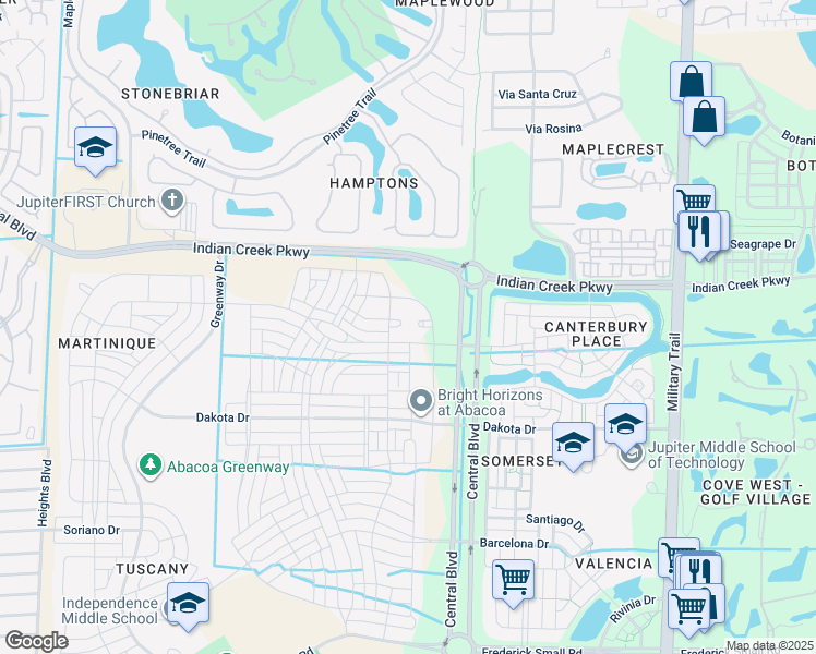 map of restaurants, bars, coffee shops, grocery stores, and more near 1031 Community Drive in Jupiter