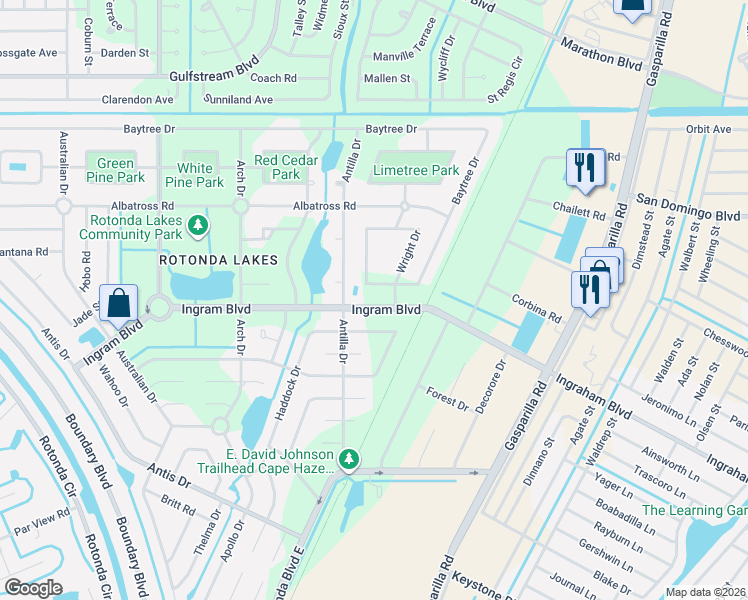 map of restaurants, bars, coffee shops, grocery stores, and more near 189 Ingraham Boulevard in Rotonda West