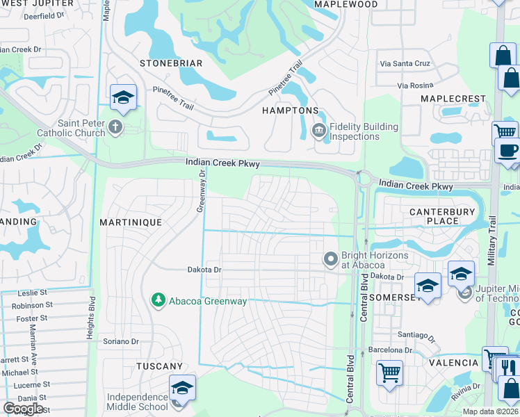 map of restaurants, bars, coffee shops, grocery stores, and more near 1300 South Community Drive in Jupiter