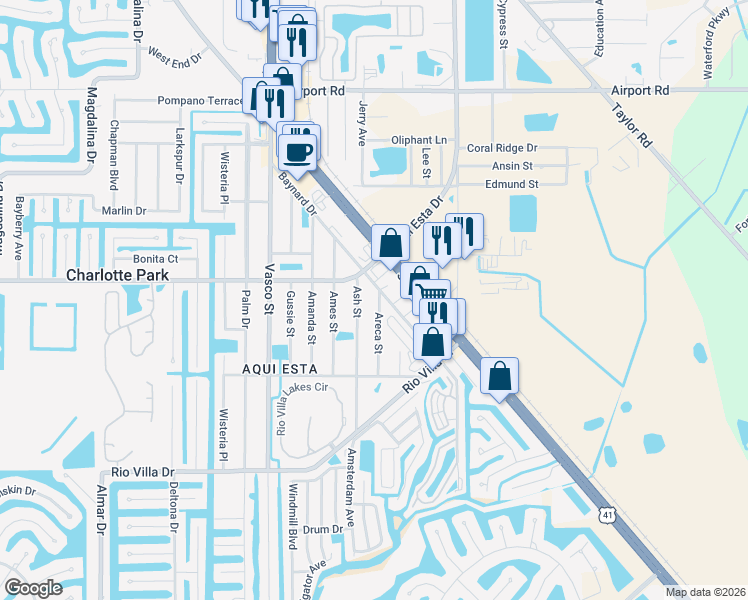map of restaurants, bars, coffee shops, grocery stores, and more near 3311 Areca Street in Punta Gorda