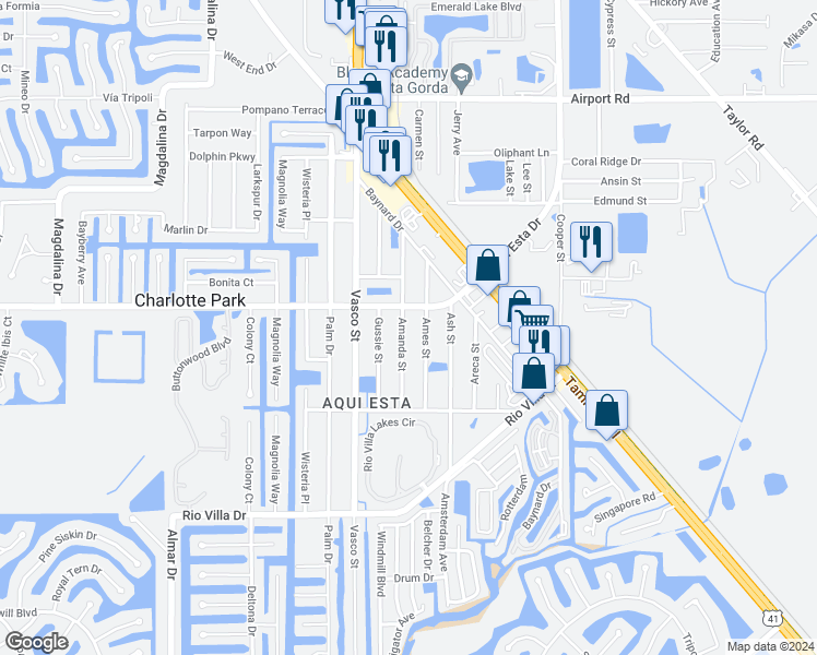 map of restaurants, bars, coffee shops, grocery stores, and more near 3310 Amanda Street in Punta Gorda