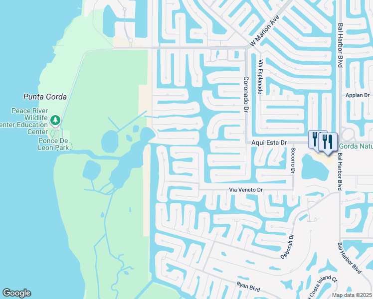 map of restaurants, bars, coffee shops, grocery stores, and more near 2825 Sancho Panza Court in Punta Gorda