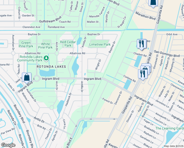 map of restaurants, bars, coffee shops, grocery stores, and more near 108 Wright Drive in Rotonda West