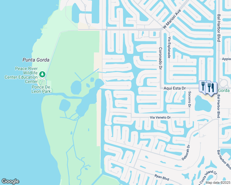 map of restaurants, bars, coffee shops, grocery stores, and more near 2825 Sancho Panza Court in Punta Gorda