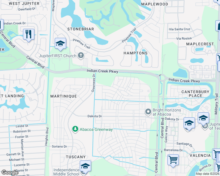map of restaurants, bars, coffee shops, grocery stores, and more near 1358 Community Drive in Jupiter