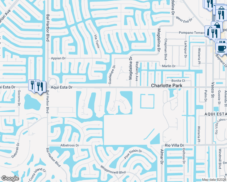 map of restaurants, bars, coffee shops, grocery stores, and more near 1349 Aqui Esta Drive in Punta Gorda